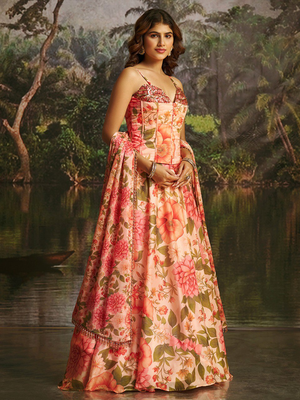 Veloura Peach Handwork Corset Lehenga Set