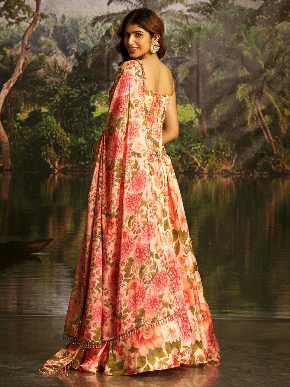 Veloura Peach Handwork Corset Lehenga Set