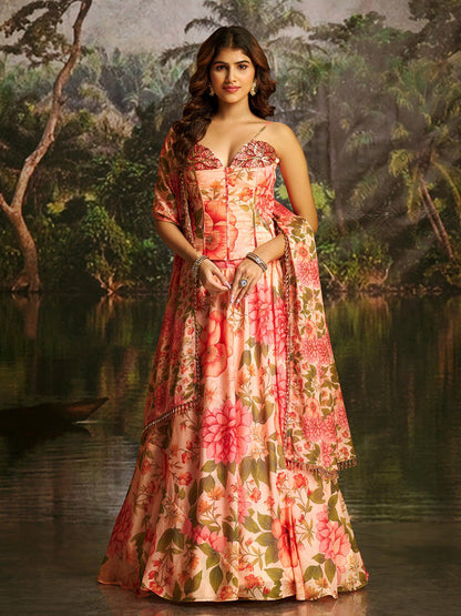 Veloura Peach Handwork Corset Lehenga Set