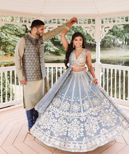 Afsana Sky Blue Net Foil Zari Bridal Lehenga Choli