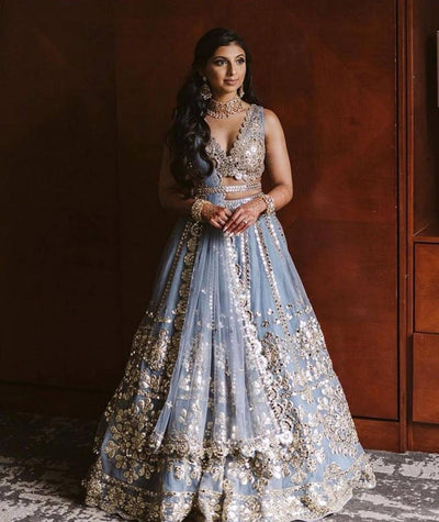 Afsana Sky Blue Net Foil Zari Bridal Lehenga Choli