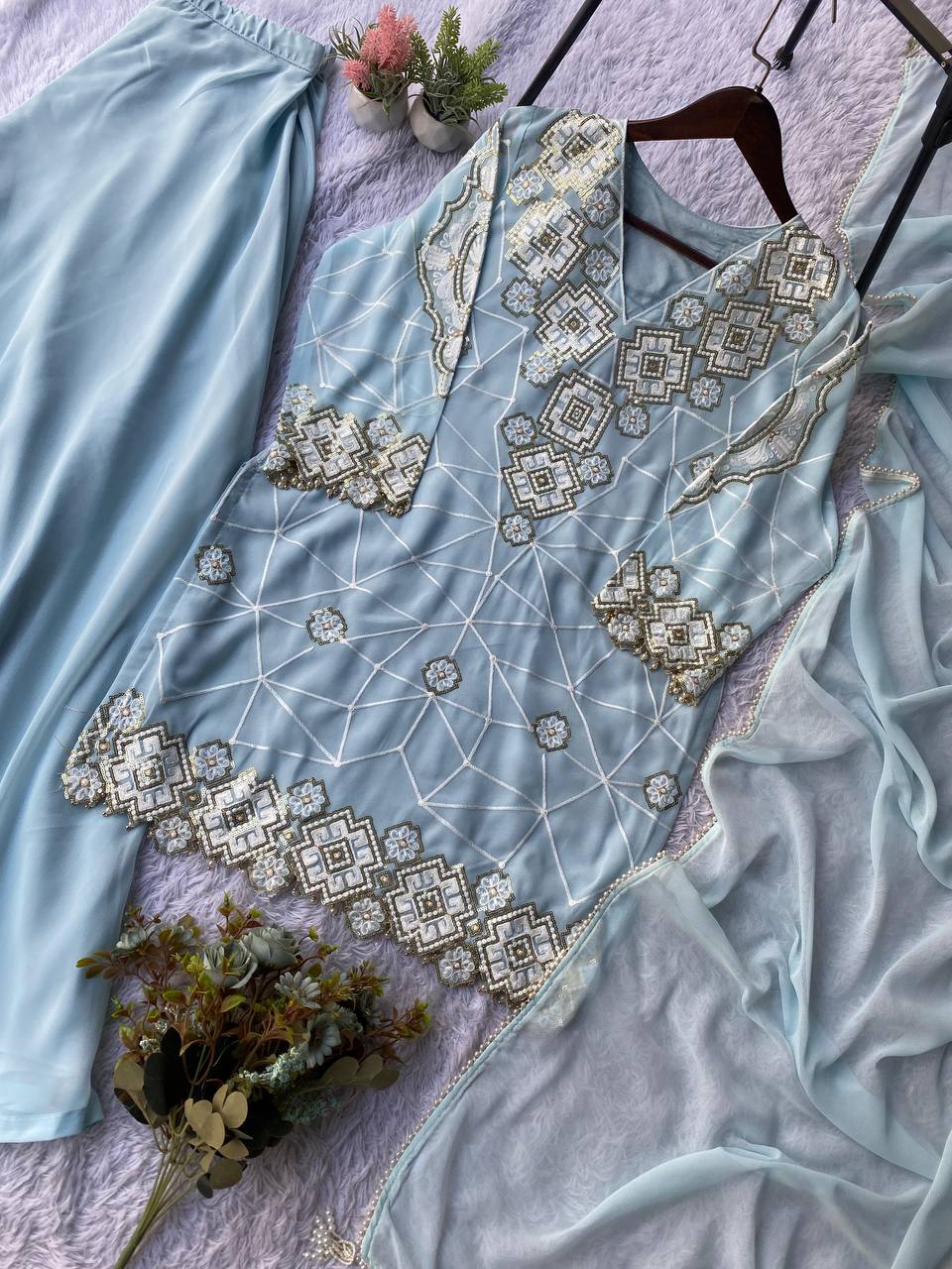 Inayaah Georgette Sequins Embroidery Top Palazzo Set