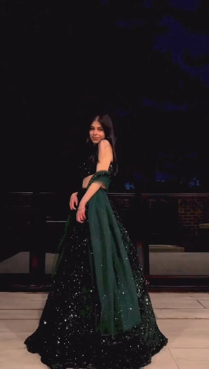 Zaylina Emerald Velvet Heavy Sequins Bridal Lehenga Choli