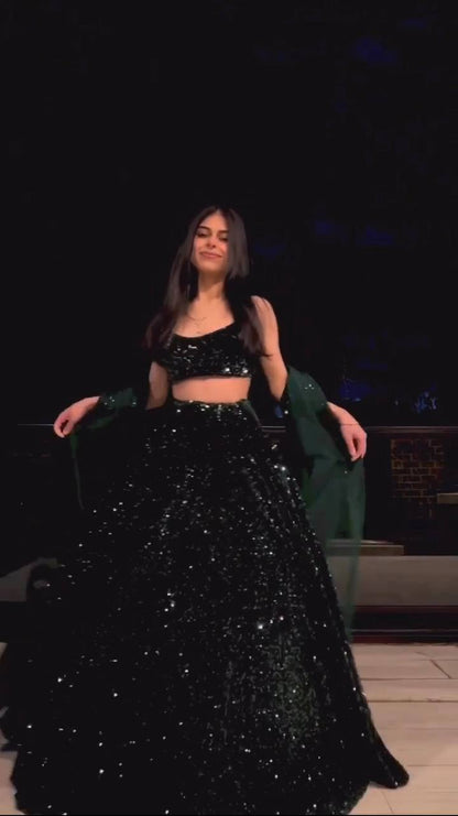 Zaylina Emerald Velvet Heavy Sequins Bridal Lehenga Choli