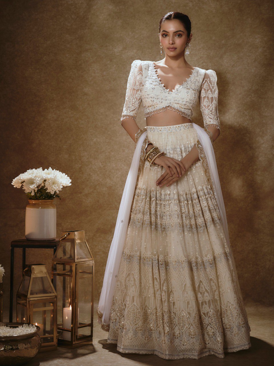 Noor Off-White Satin Silk & Net Bridal Lehenga Choli