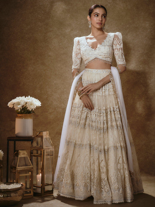 Noor Off-White Satin Silk & Net Bridal Lehenga Choli