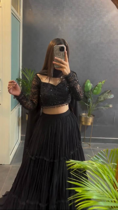 Noiré Black Ruffle Lehenga Set