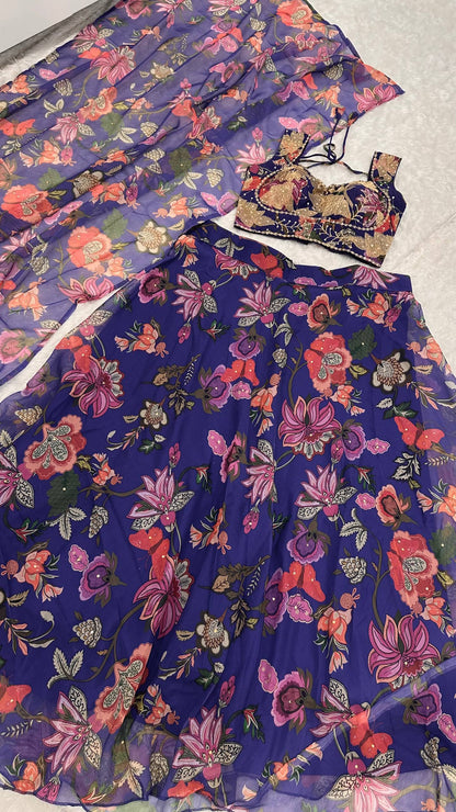 Virella Purple Floral Tabby Silk Lehenga Set