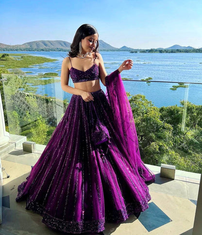 Ruhaniya Purple Net Sequins Dori Bridal Lehenga Choli