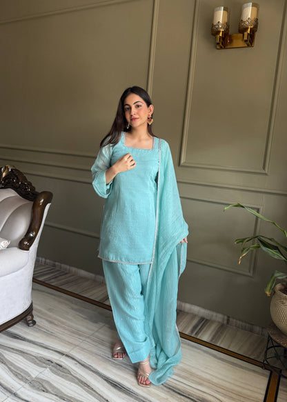 Mahreen Sky Blue Crunchy Silk Sirovski Work Farshi Salwar Suit