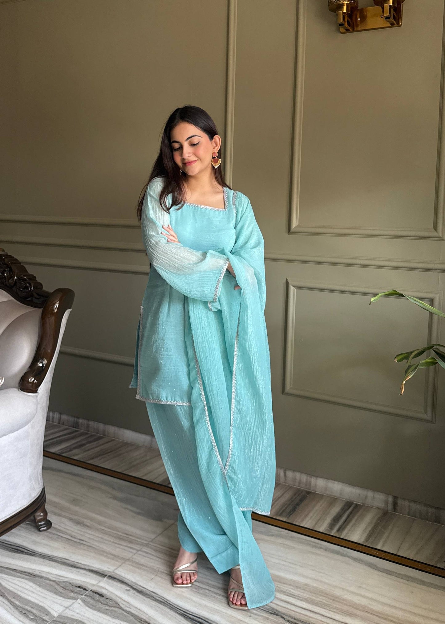 Mahreen Sky Blue Crunchy Silk Sirovski Work Farshi Salwar Suit