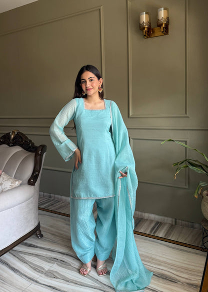 Mahreen Sky Blue Crunchy Silk Sirovski Work Farshi Salwar Suit