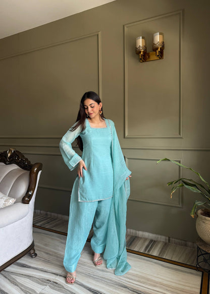 Mahreen Sky Blue Crunchy Silk Sirovski Work Farshi Salwar Suit