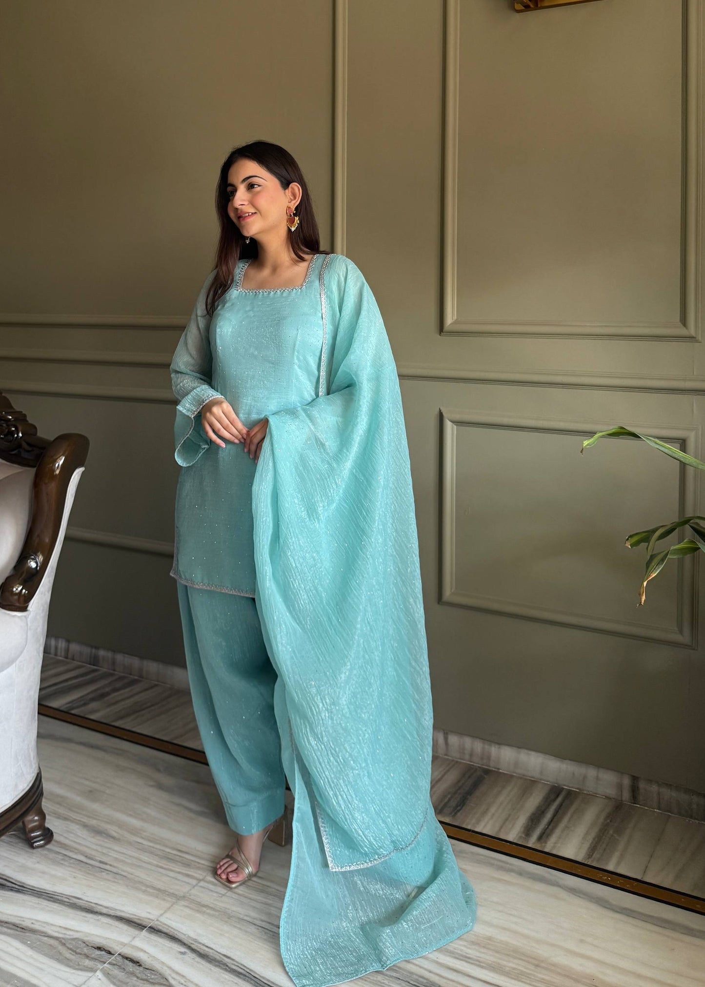 Mahreen Sky Blue Crunchy Silk Sirovski Work Farshi Salwar Suit