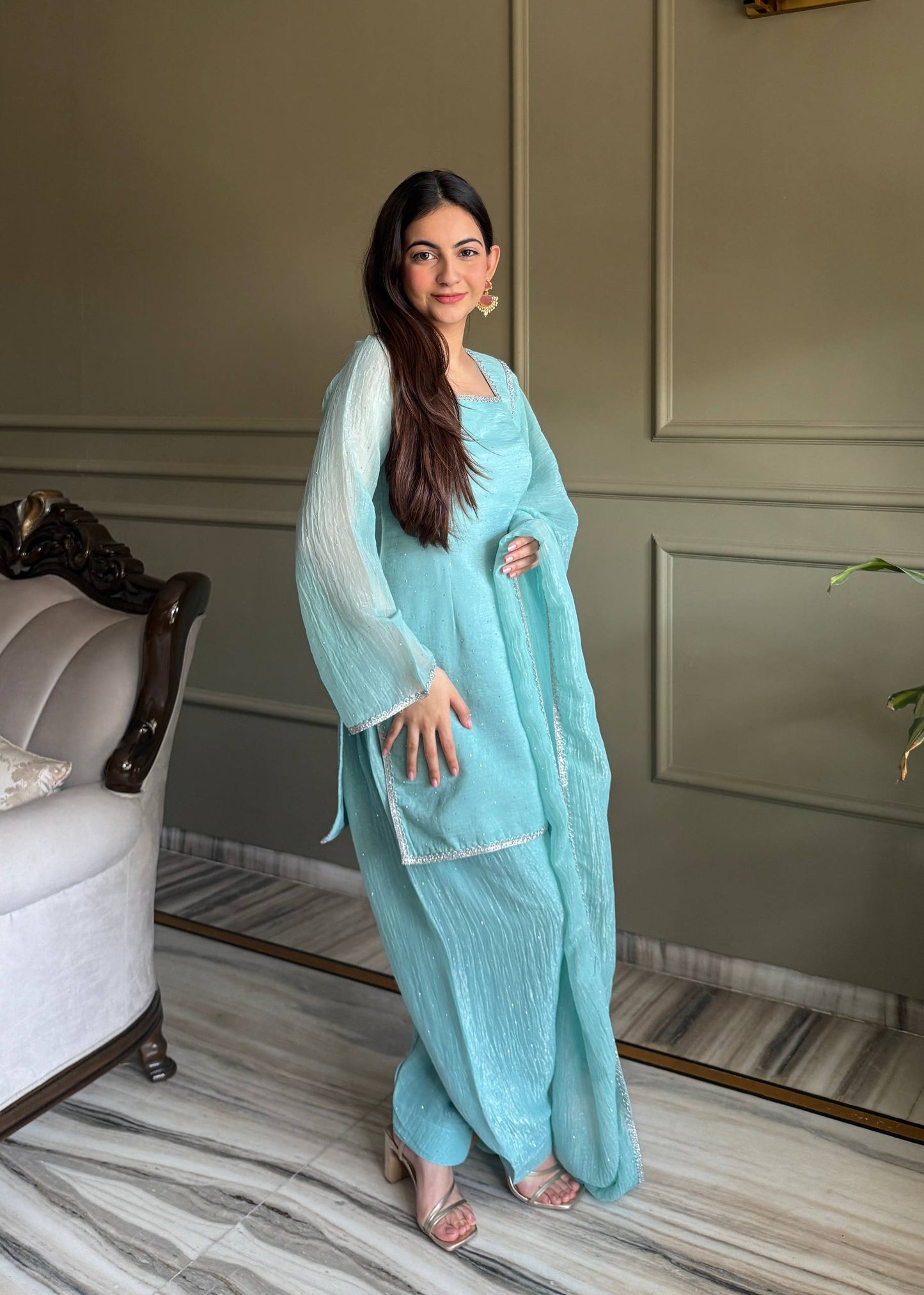 Mahreen Sky Blue Crunchy Silk Sirovski Work Farshi Salwar Suit