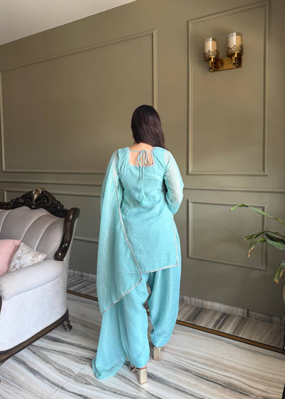 Mahreen Sky Blue Crunchy Silk Sirovski Work Farshi Salwar Suit