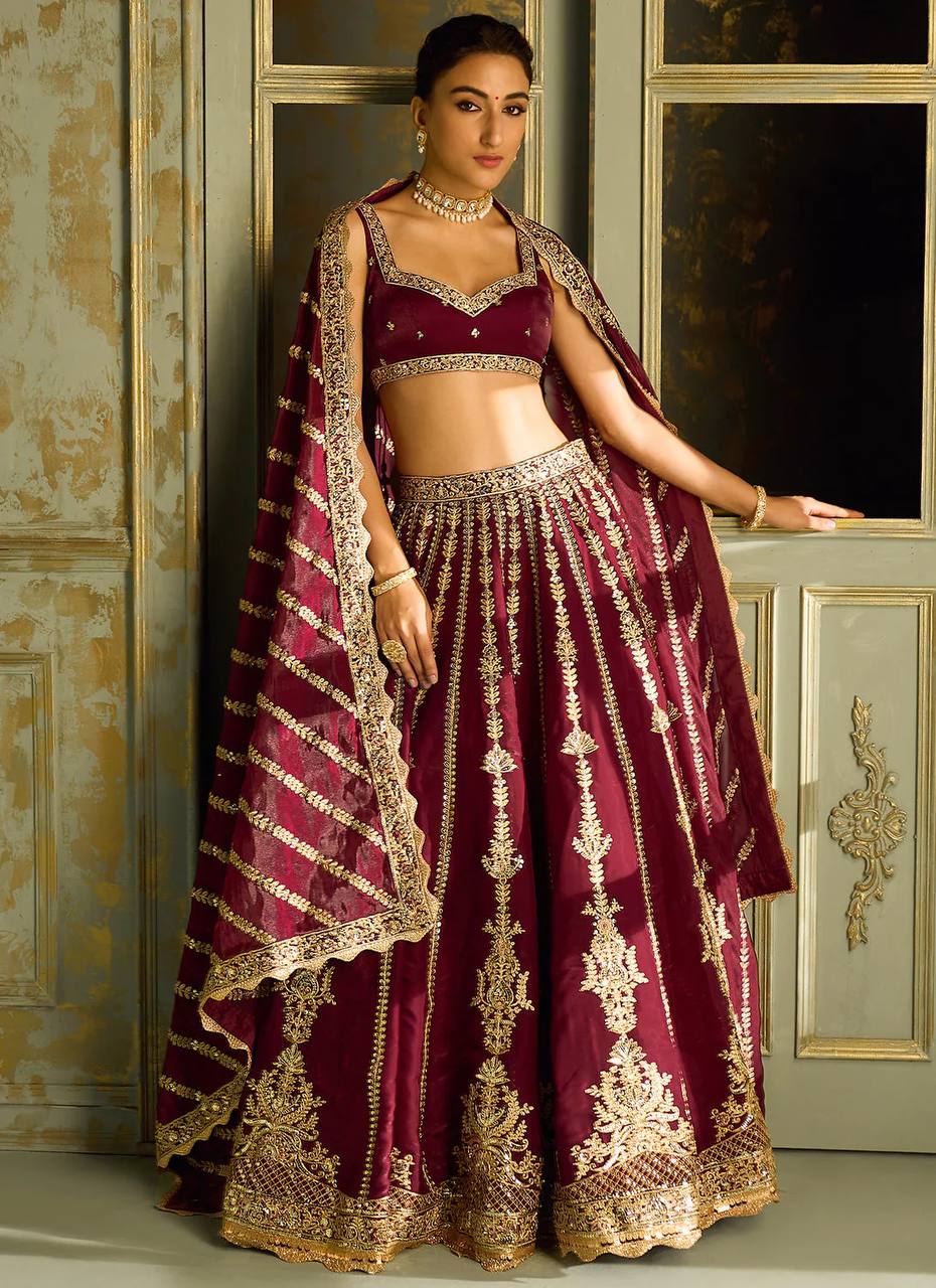 Mahira Maroon Kasturi Silk Zari & Sequins Bridal Lehenga Choli
