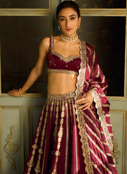 Mahira Maroon Kasturi Silk Zari & Sequins Bridal Lehenga Choli