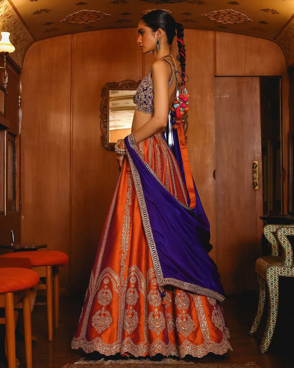 Nithyashree Orange Two Tone Silk Embroidered Lehenga Choli