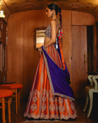 Nithyashree Orange Two Tone Silk Embroidered Lehenga Choli