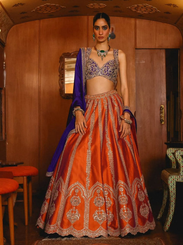 Nithyashree Orange Two Tone Silk Embroidered Lehenga Choli