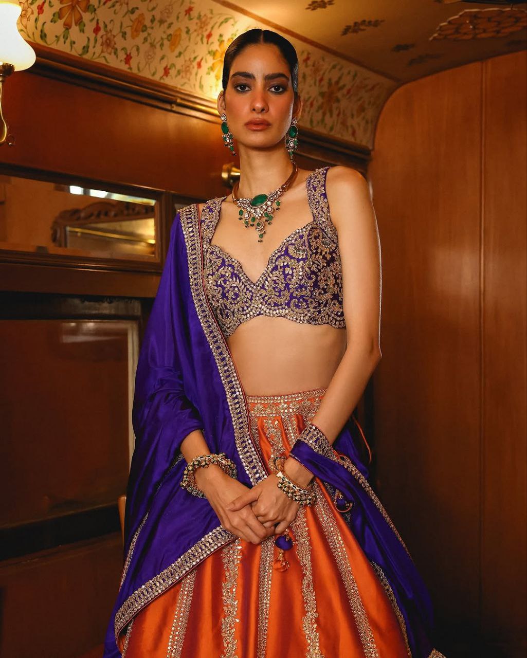 Nithyashree Orange Two Tone Silk Embroidered Lehenga Choli