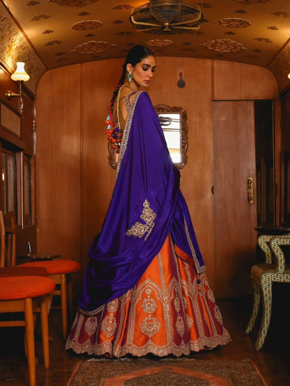 Nithyashree Orange Two Tone Silk Embroidered Lehenga Choli