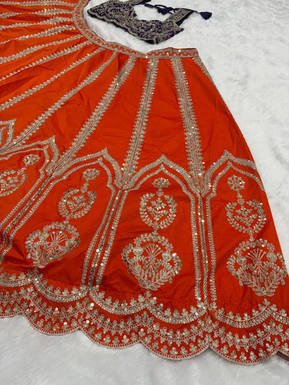 Nithyashree Orange Two Tone Silk Embroidered Lehenga Choli