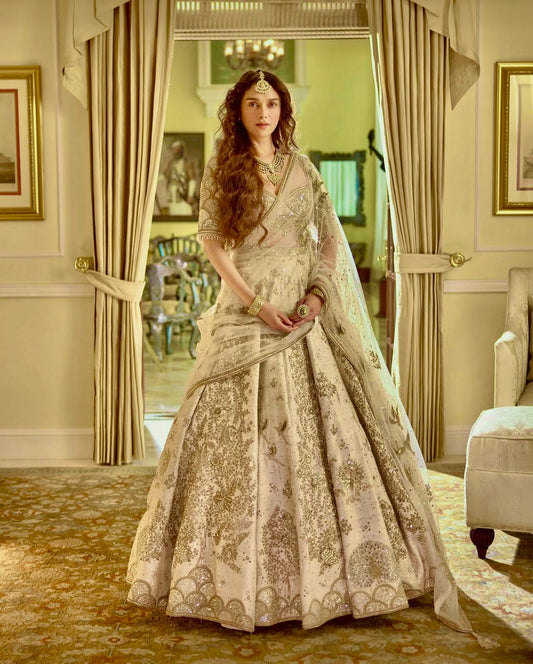 Aditi Rao Off White Slub Silk Zari Sequins Bridal Lehenga Choli