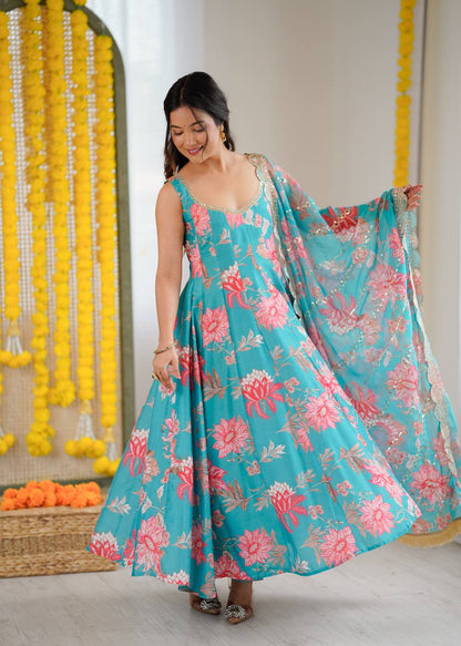 Kiyara Floral Muslin Kali Cut Anarkali Set