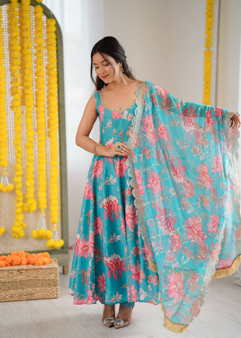 Kiyara Floral Muslin Kali Cut Anarkali Set