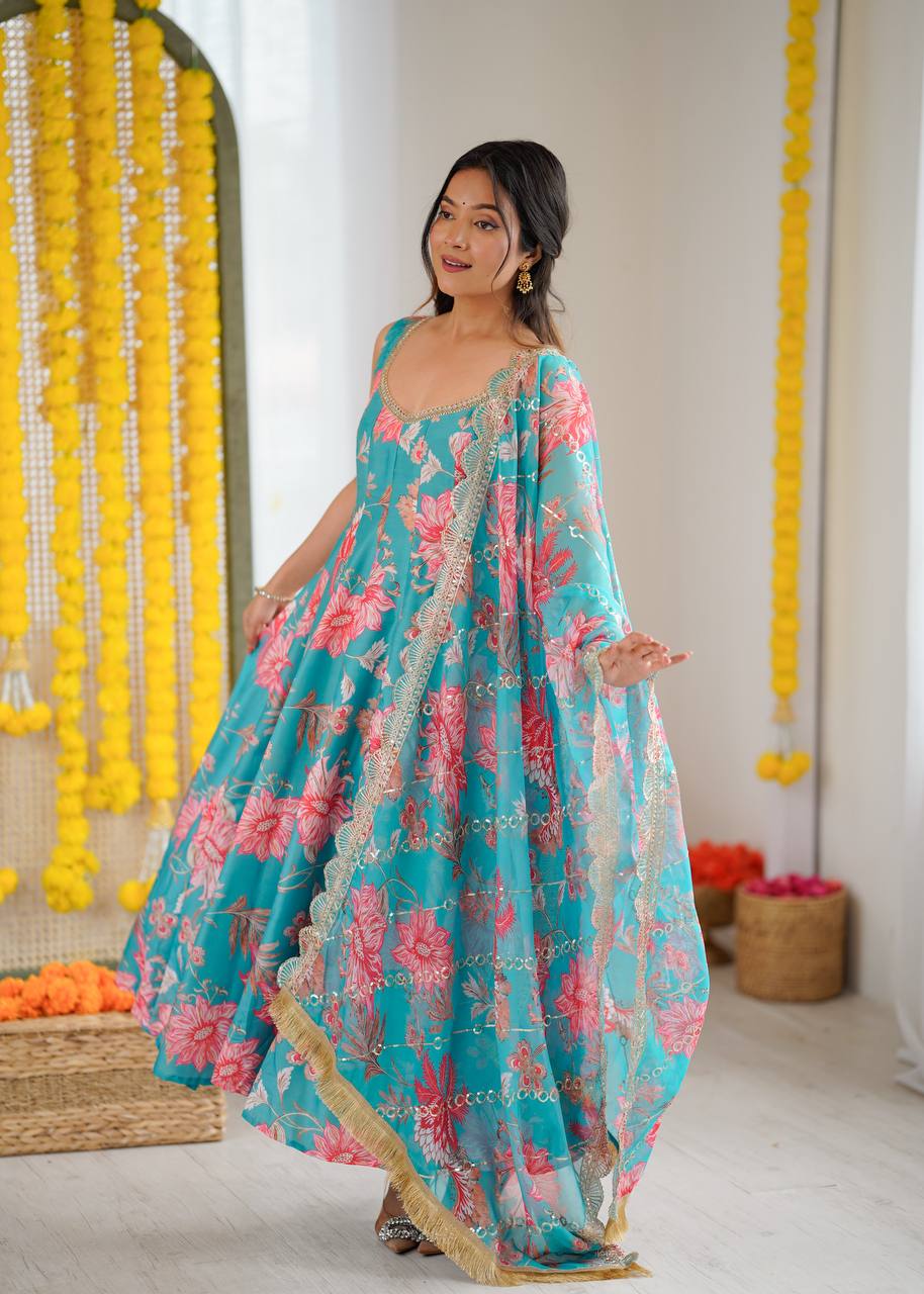 Kiyara Floral Muslin Kali Cut Anarkali Set