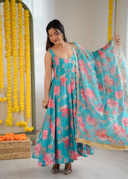 Kiyara Floral Muslin Kali Cut Anarkali Set