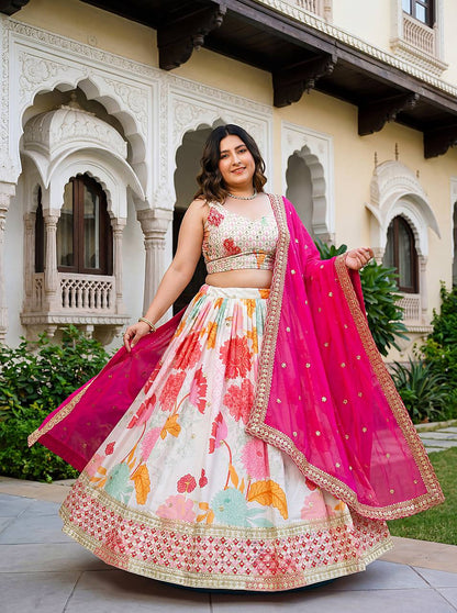 Mythili White Floral Chinon Silk Lehenga Choli