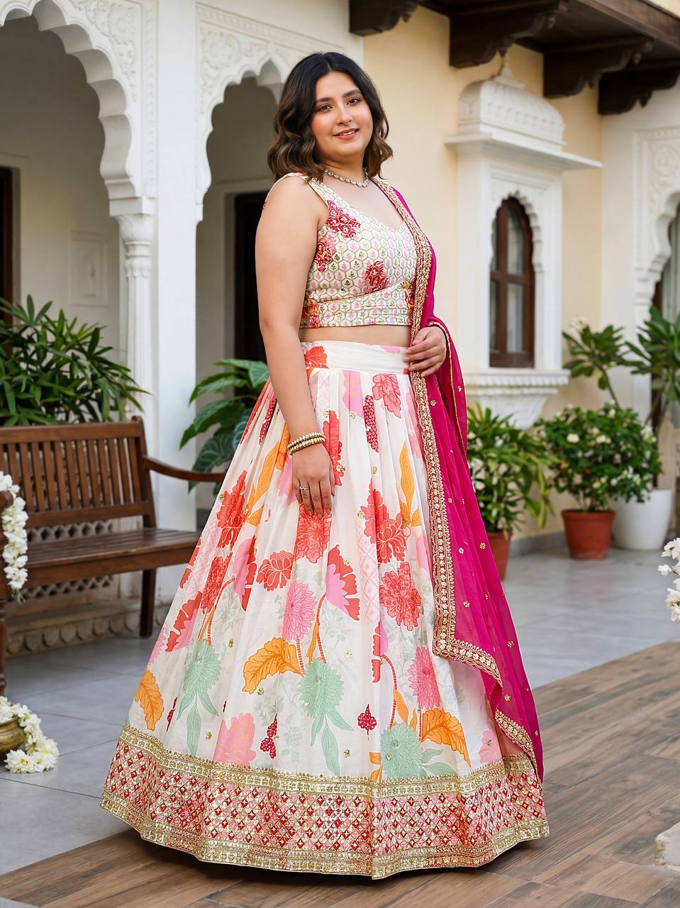 Mythili White Floral Chinon Silk Lehenga Choli