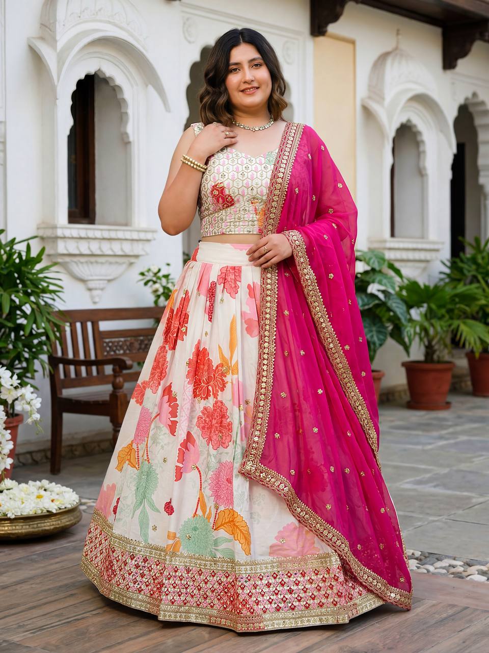 Mythili White Floral Chinon Silk Lehenga Choli