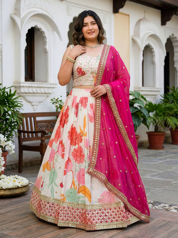 Mythili White Floral Chinon Silk Lehenga Choli