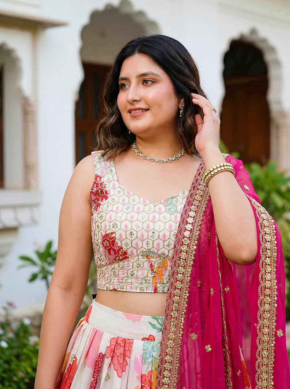 Mythili White Floral Chinon Silk Lehenga Choli