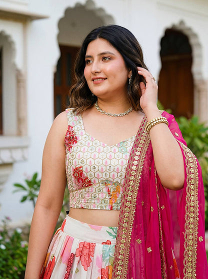 Mythili White Floral Chinon Silk Lehenga Choli