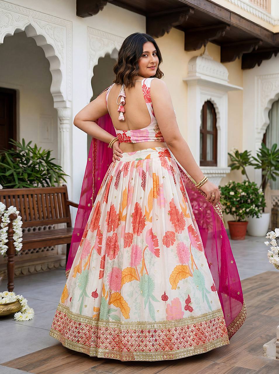 Mythili White Floral Chinon Silk Lehenga Choli