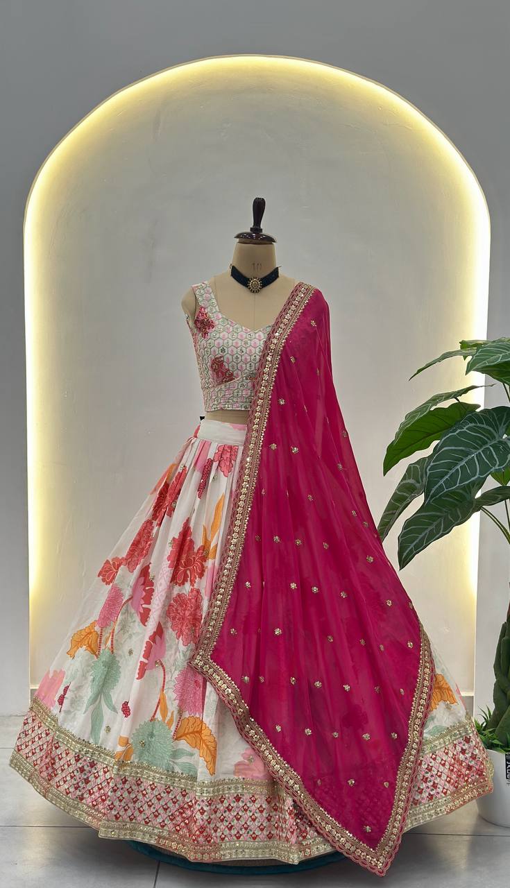 Mythili White Floral Chinon Silk Lehenga Choli