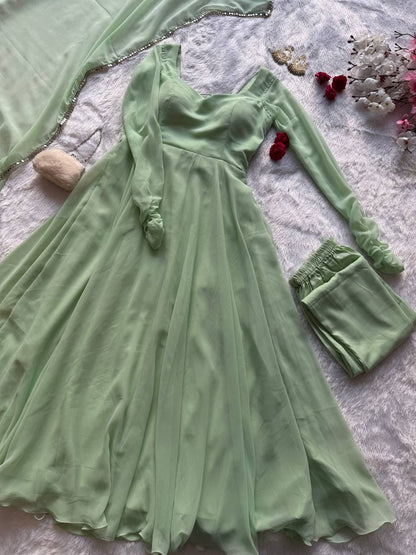 Mridulika Pista Green Georgette Anarkali Suit Set