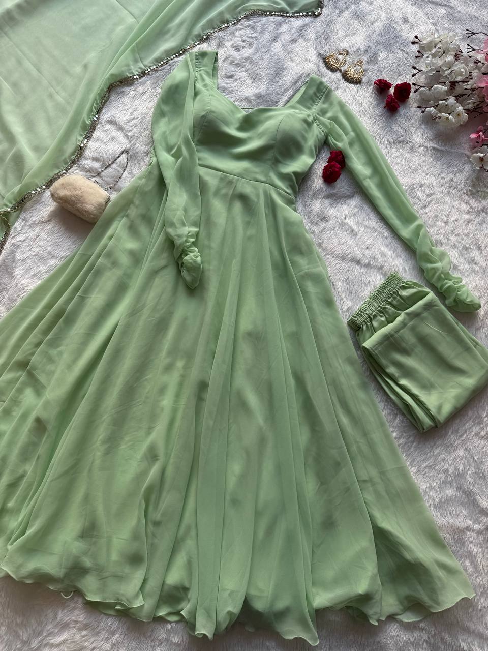 Mridulika Pista Green Georgette Anarkali Suit Set