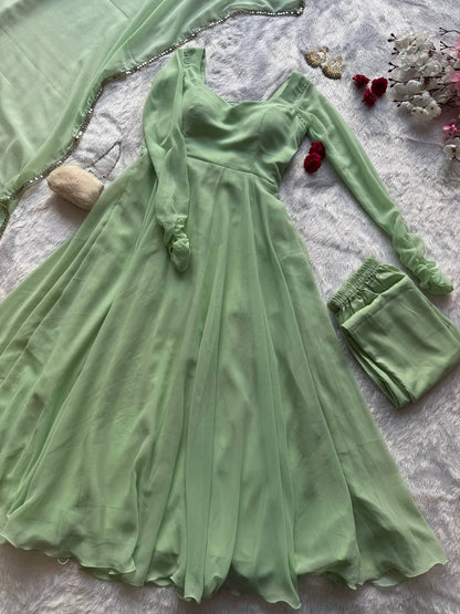 Mridulika Pista Green Georgette Anarkali Suit Set