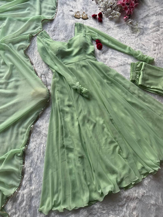 Mridulika Pista Green Georgette Anarkali Suit Set