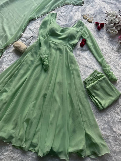 Mridulika Pista Green Georgette Anarkali Suit Set