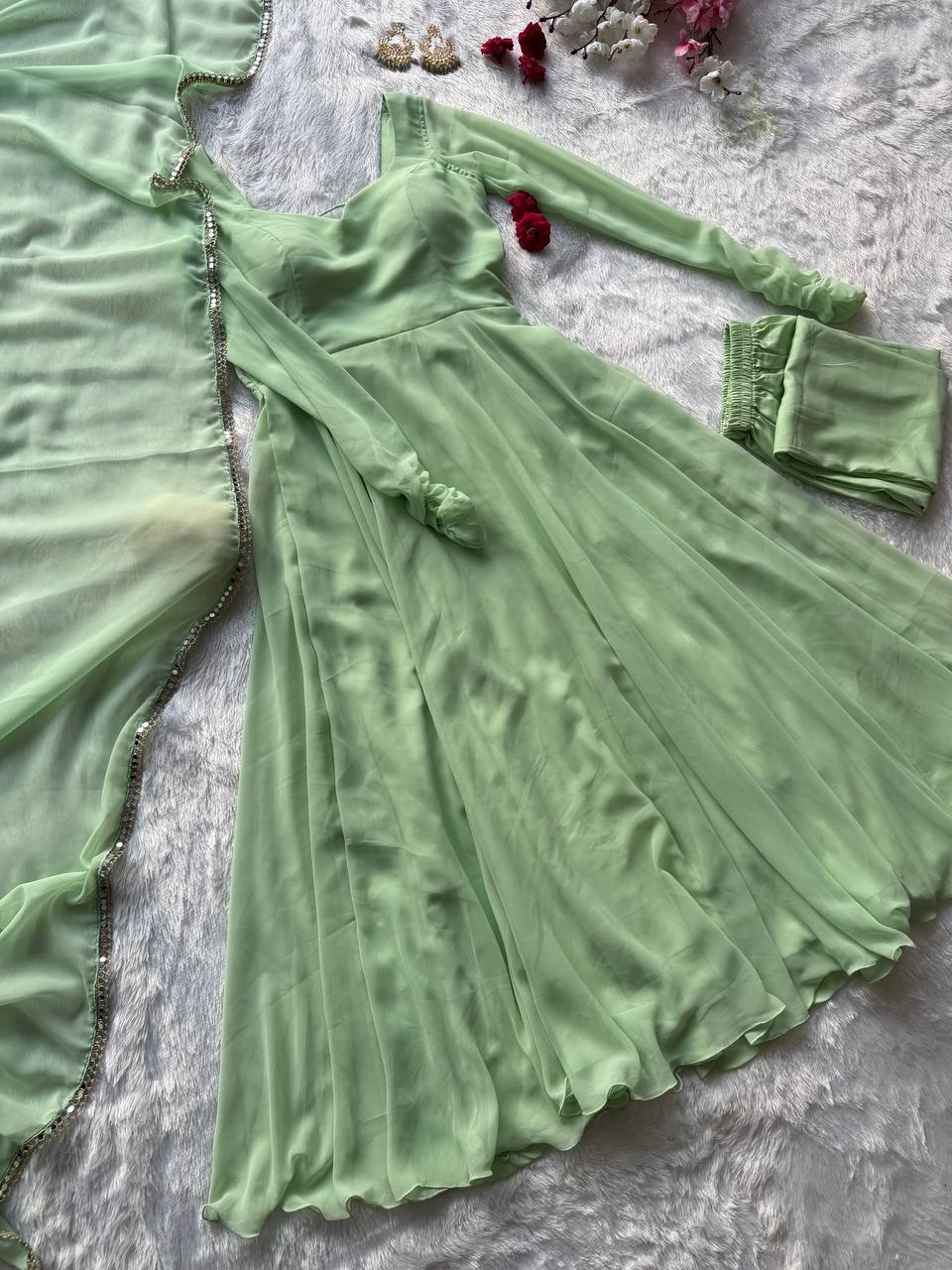 Mridulika Pista Green Georgette Anarkali Suit Set