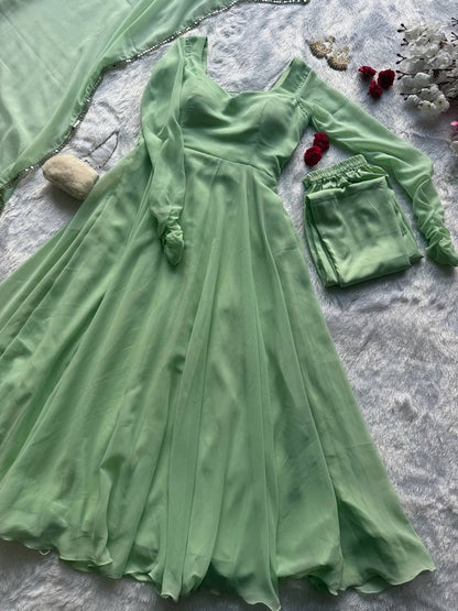 Mridulika Pista Green Georgette Anarkali Suit Set