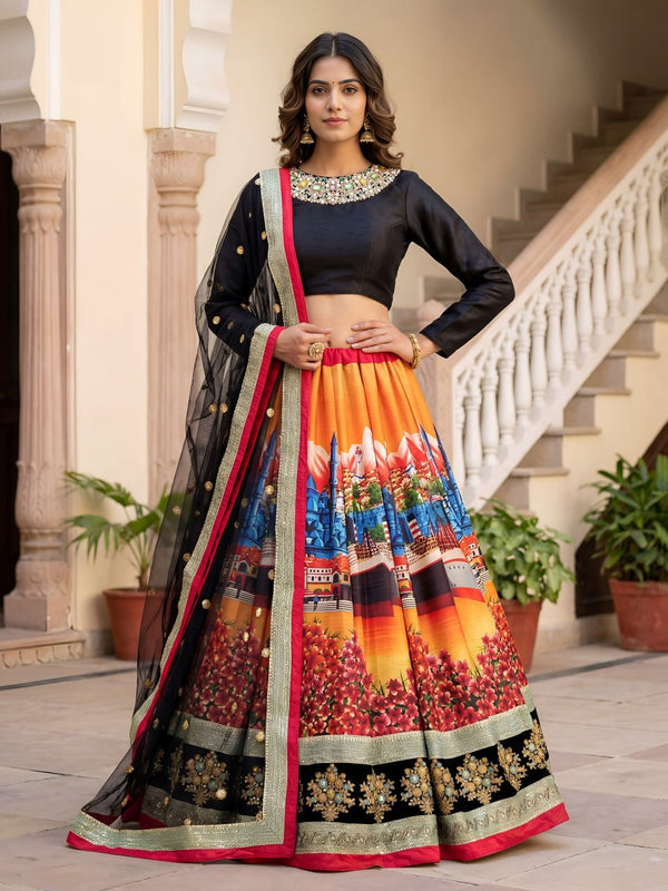Zyraanshi Silk Lehenga Choli with Black Velvet Blouse & Pastel Embellished Neckline
