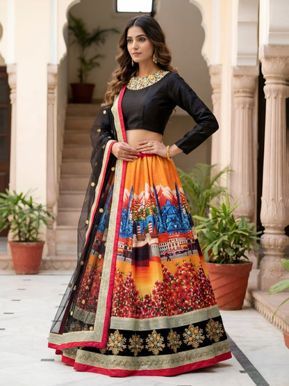 Zyraanshi Silk Lehenga Choli with Black Velvet Blouse & Pastel Embellished Neckline